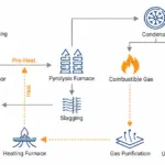 Plastic pyrolysis plant process flow diagram showing waste plastic sorting, crushing, vacuum extraction, pyrolysis furnace, condenser, and fuel oil recovery